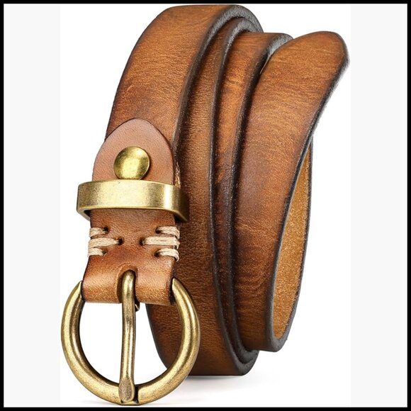 Genuine Leather Belt for Women Thin Skinny Waist Gold Buckle Vintage